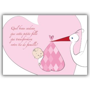 Französische Babykarte (Mädchen) Glückwunsch zur Geburt mit Storch