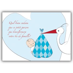 Französische Babykarte (Junge), Glückwunsch zur Geburt mit Storch