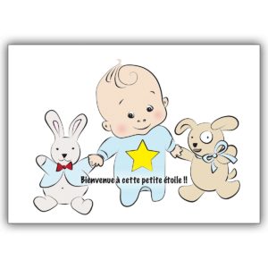 Süße französische Babykarte (Junge) mit Baby Boy und Stofftieren