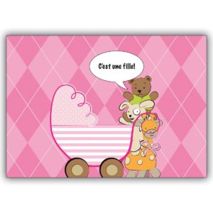 Schöne französische Babykarte (Mädchen) mit Kinderwagen, rosa