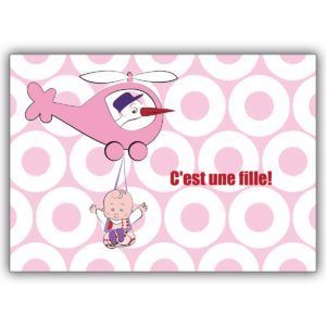 Niedliche französische Designer Babykarte (Mädchen) mit Helikopter, rosa