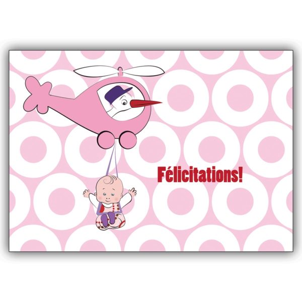 Hübsche französische Designer Babykarte (Mädchen) mit Helikopter, rosa