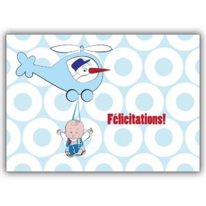 Tolle französische Designer Babykarte (Junge) mit Helikopter, blau