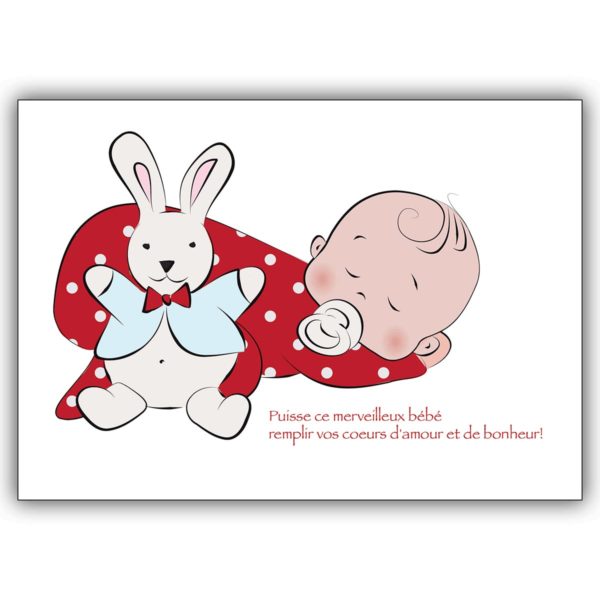 französische Babykarte mit schlafendem Baby und Stoffhasen