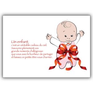 süße Babykarte, französisch, mit Baby Girl in Geschenkschleife: Un enfant, …