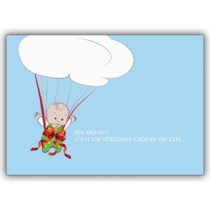 Französische Babykarte mit Fallschirm Baby und Wolke: Un enfant, c’est un …