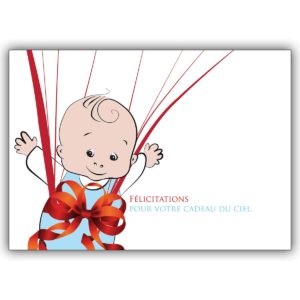 Nette französische Babykarte mit Baby Boy in Geschenk Schleife: Félicitations …