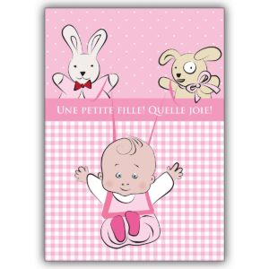 Niedliche französische Babykarte mit rosa Vichy Karo: Une petite fille! Quelle joie!