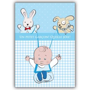 Tolle französische Babykarte mit blauem Vichy Karo: Un petit garçon! Quelle joie!