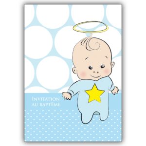 Schöne französische Einladungskarte blau zur Taufe mit Stern und Heiligenschein