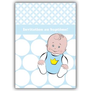 Edle französische Designer Einladungskarte zur Taufe, blau: Invitation au baptême