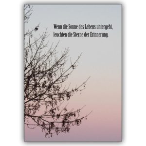 Beistehende Trauerkarte mit Spruch: Wenn die Sonne des Lebens untergeht…