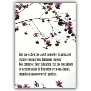 Französische Trauerkarte mit Blüten : Bien que les fleurs se fanent