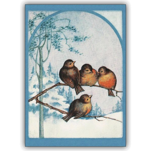 Klassische Vintage Weihnachtskarte mit Vögeln im Schnee als Winter Motiv
