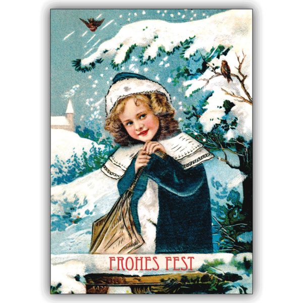 Klassische Weihnachtskarte mit Mädchen im Schnee, Vintage Stil