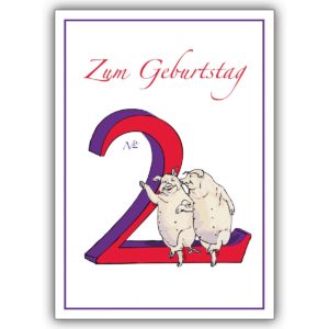 Schöne Kinder Glückwunschkarte mit Glücks Schweinen zum 2. Geburtstag