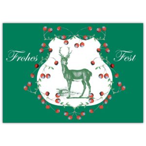 Edle Weihnachtskarte zum frohen Fest mit Hirsch in klassischem grün
