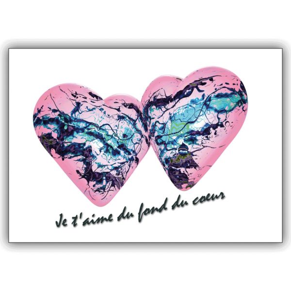 Romantische französische Liebeskarte mit Doppelherz: Je t’aime du fond du coeur