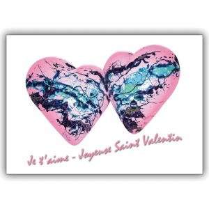 Französische Liebeskarte mit Doppelherz: Je t’aime – Joyeuse Saint Valentin