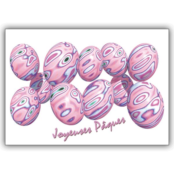 Coole französische Osterkarte mit marmorierten rosa Eiern: Joyeuse Pâques