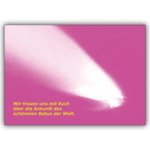 Moderne pinke Glückwunschkarte zur Geburt mit Komet: Wir freuen uns mit Euch…