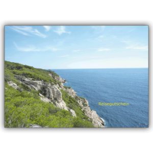 Schöne Reisegutschein Grußkarte (blanko) mit Landschafts Blick aufs Meer: Reisegutschein