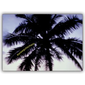 Coole Sommer Reise-Gutschein Grußkarte (blanko) mit Palmen Motiv: Reisegutschein