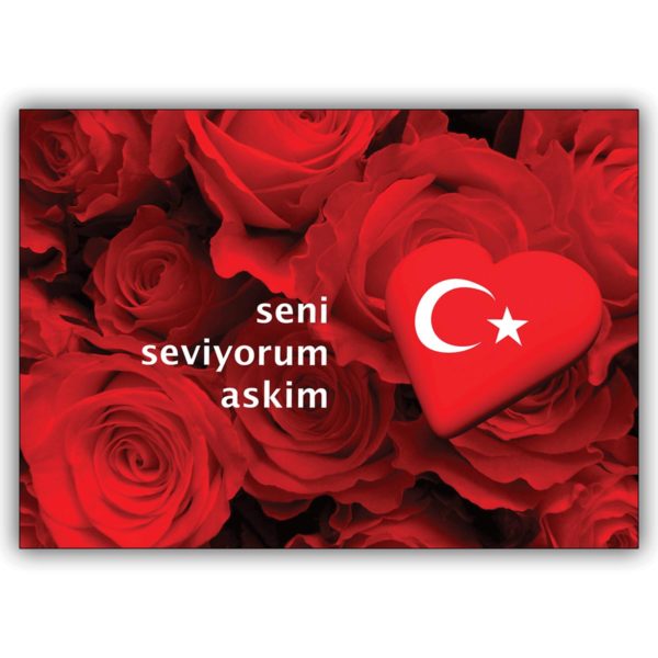 Romantische türkische Liebeskarte mit rote Rosen und Herz: seni seviyorum askim