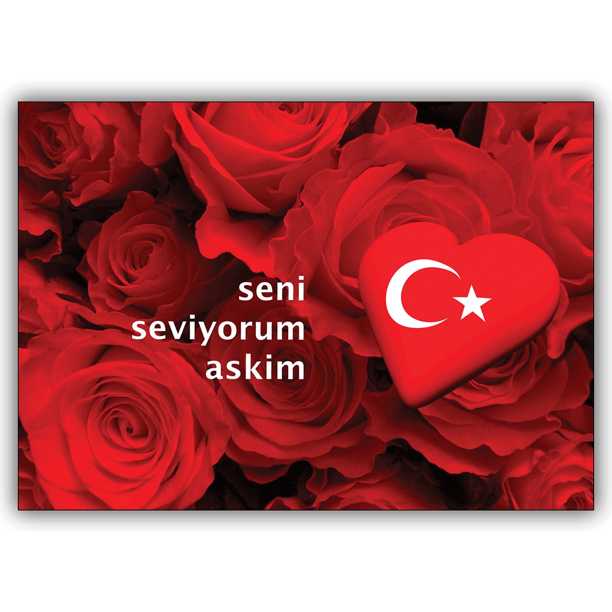 Romantische türkische Liebeskarte mit rote Rosen und Herz: seni seviyorum askim
