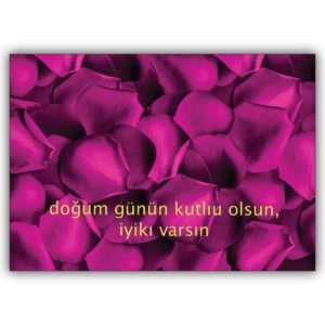 Schöne türkische Grusskarte mit rosa Rosenblättern: dogum günün kutliu olsun, iyiki varsin