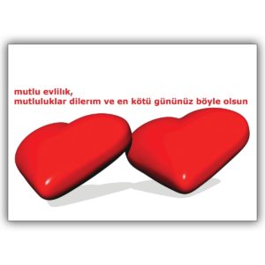Türkische Spruchkarte mit zwei Herzen, groß und rot: mutlu evlilik, mutluluklar dilerim…