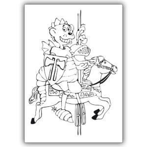Coole Ausmal Bastel Karte für Kinder mit kleinem Drachen Dinolino als Ritter auf Pferd