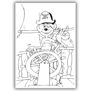 Fröhliche Ausmal Bastel Karte für Kinder mit kleinem Drachen Dinolino als Pirat auf Schiff