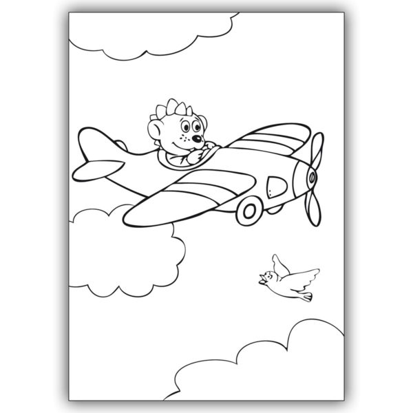Nette Ausmal Bastel Karte für Kinder mit kleinem Drachen Dinolino als Flieger