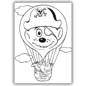 Schöne Ausmal Bastel Karte für Kinder mit Tieren im Heißluftballon