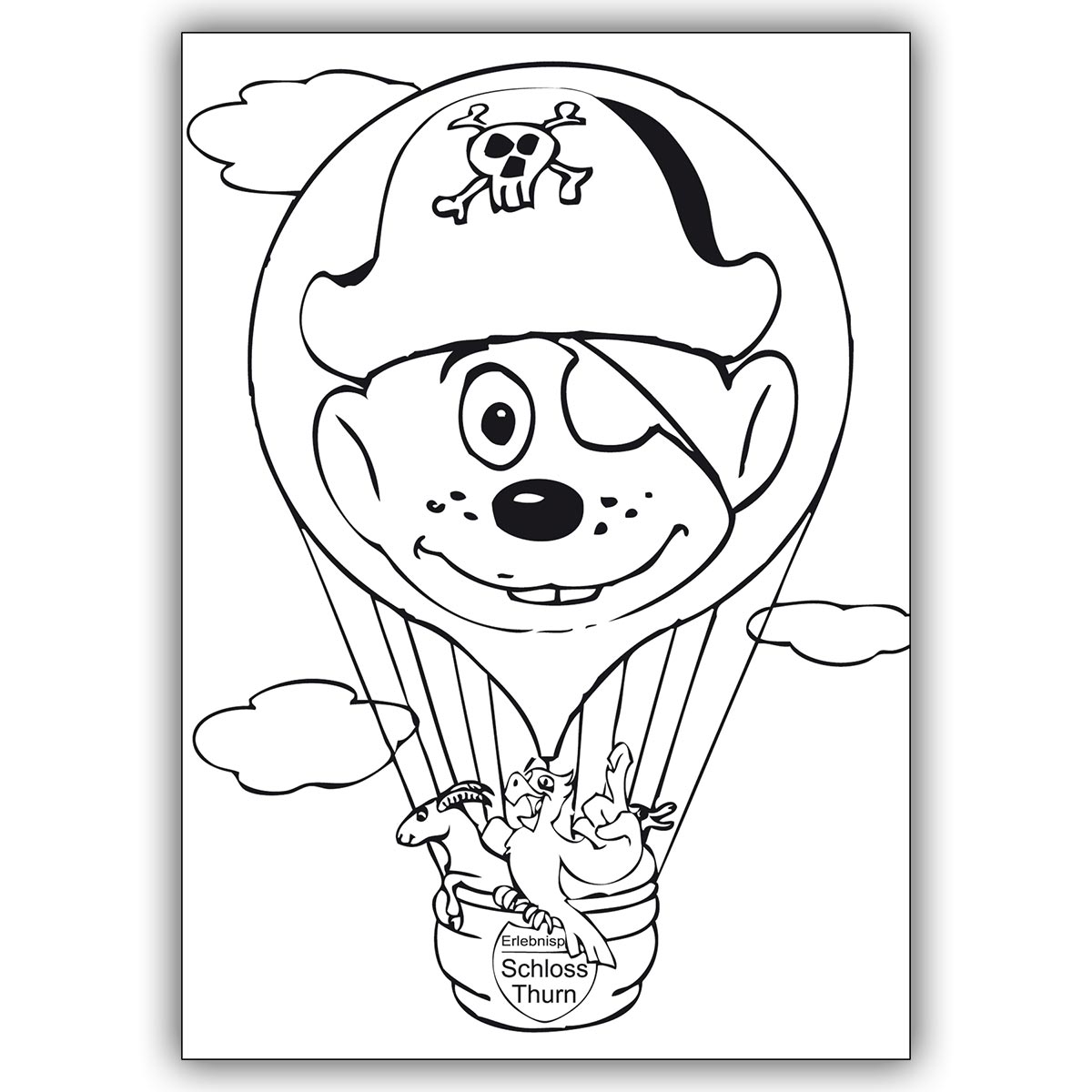 Schöne Ausmal Bastel Karte für Kinder mit Tieren im Heißluftballon