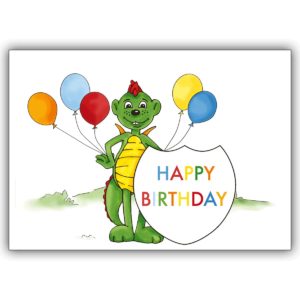 Coole Kinder Geburtstagskarte, Happy Birthday, mit Drachen Dinolino und Luftballons