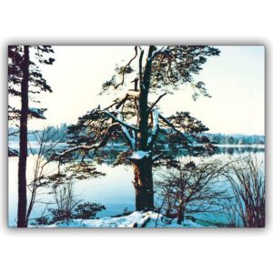 Romantische Winter Foto Grußkarte mit verschneitem Seeufer.
