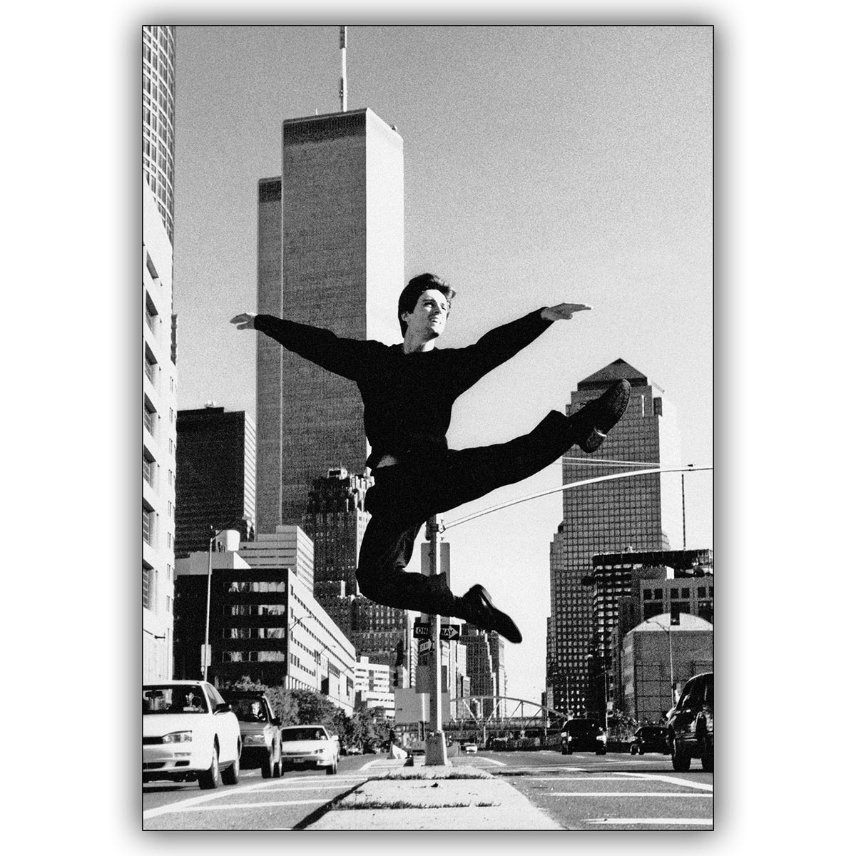 Tolle Foto Grußkarte in schwarz weiß: Klassisches Ballett vor dem World Trade Center,