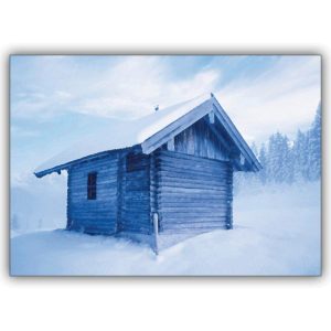 Nette Foto Grußkarte zu Weihnachten: Hütte in Eis blau