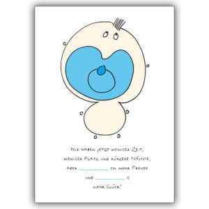 Lustige Geburtsanzeige zum Ausfüllen mit illustriertem Schnuller Baby in blau