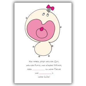 Elegante Baby Geburtsanzeige zum Ausfüllen mit Schnuller Baby in rosa