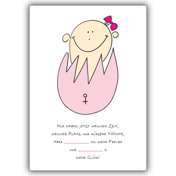 Fröhliche Geburtsanzeige zum selber ausfüllen mit Baby im Ei, rosa