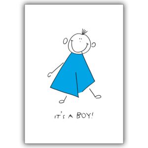 Fröhliche illustrierte Baby Gratulationskarte: It’s a boy