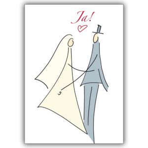 Schöne Hochzeitsanzeige oder Einladungskarte: Das Brautpaar mit Ja und Herz