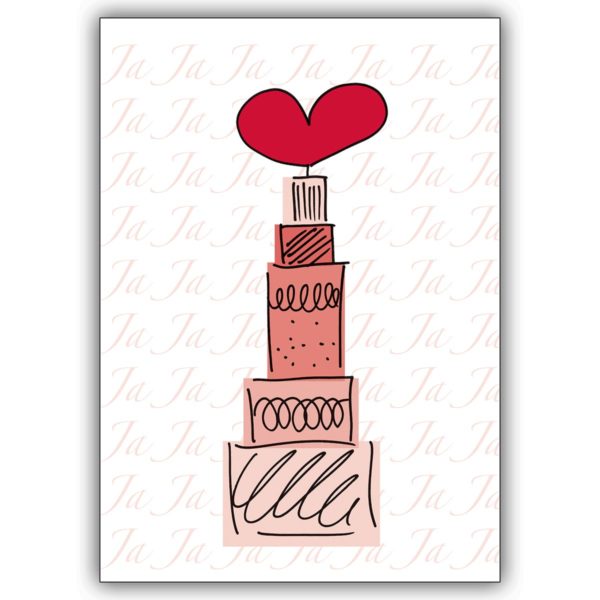 Zauberhafte Hochzeitskarte oder Menü Karte: die Hochzeitstorte mit Herz