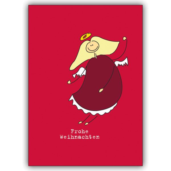 Tolle Weihnachtskarte: Runder Weihnachtsengel auf Rot wünscht frohe Weihnachten