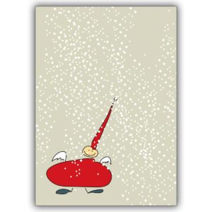 Fröhliche Weihnachtskarte mit dickem Weihnachtsengel im Schnee Gestöber