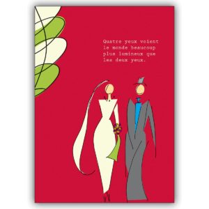 Französische Hochzeitskarte mit Brautpaar: Quatre yeux voient le monde…