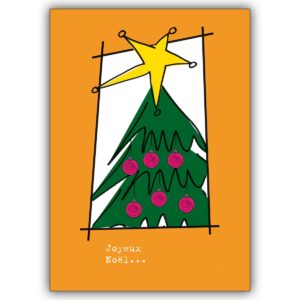 Französische Weihnachtskarte mit Weihnachtsbaum, Stern auf gelb, orange